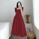 BXOXO Slim Fit Women White Dress Bubble Sleeve Square Neck Light Wind Style Long Skirt Summer Casual Korean Style